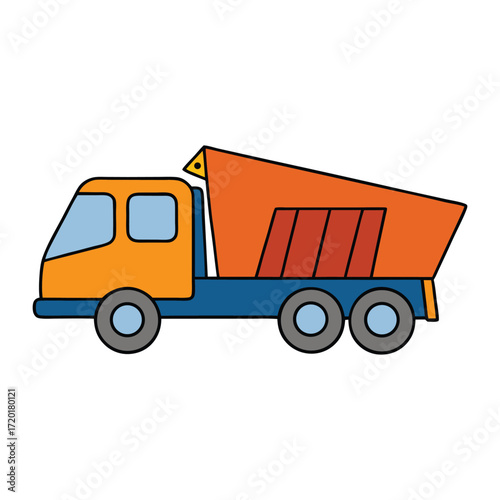 A dump truck for loose material is a heavy-duty vehicle with a large open bed that tilts to unload sand, gravel, or soil easily at construction and work sites.
