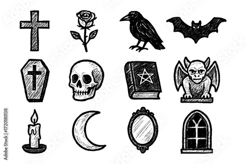 Grunge halloween icons: skull, gargoyle, bat, coffin, candle, and more