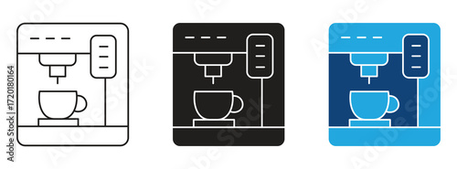 Smart coffee machine icon set depicting connected coffee makers in kitchens , vector illustration .