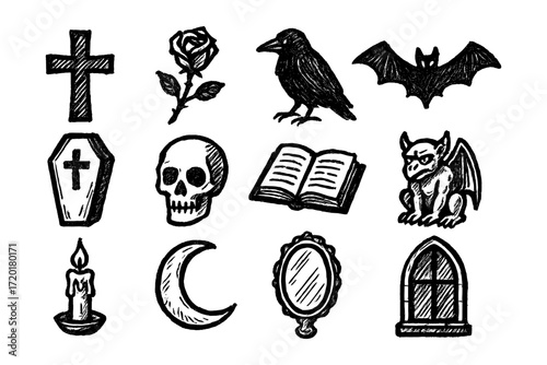 Hand drawn gothic halloween icons: skull, gargoyle, bat, and more