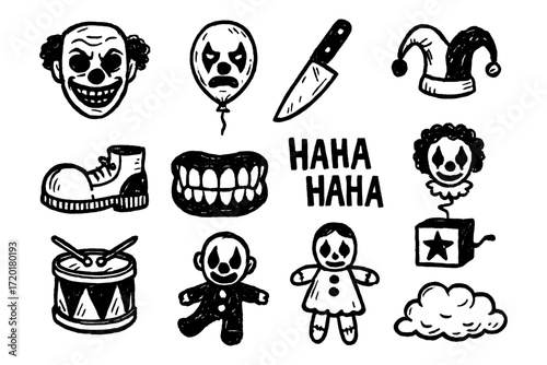 Creepy clown icon set with sketchy dark elements for halloween design