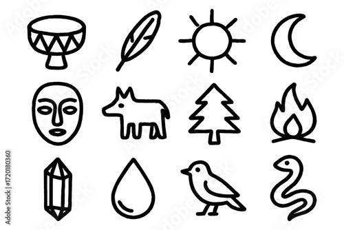 Primitive nature icons collection featuring sun, moon, and animal symbols in bold hand drawn style