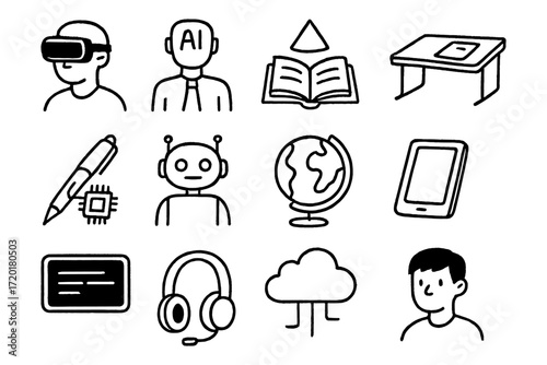 Simple hand drawn icons: technology, ai, and education set