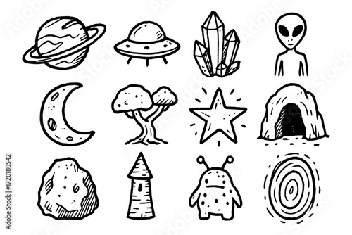 Whimsical hand-drawn space icons featuring ufos, aliens, and celestial bodies