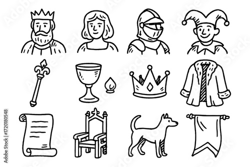 Medieval icons collection featuring king, queen, knight, jester, and royal artifacts in hand-drawn style