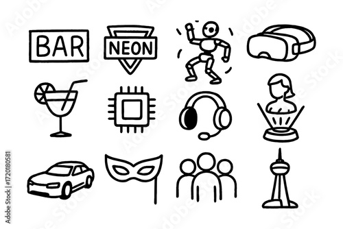 Black and white doodle icons: technology, entertainment, travel
