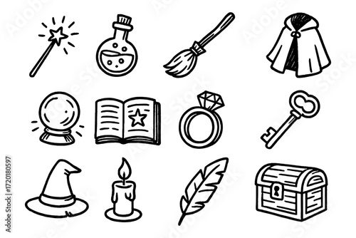 Magical elements collection in hand-drawn style featuring wizard tools and enchanted items