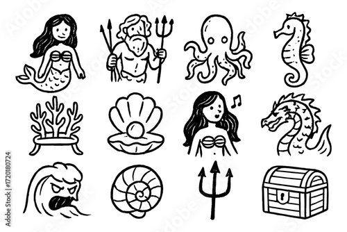 Hand drawn nautical icons: mermaid, sea creatures, and ocean treasures