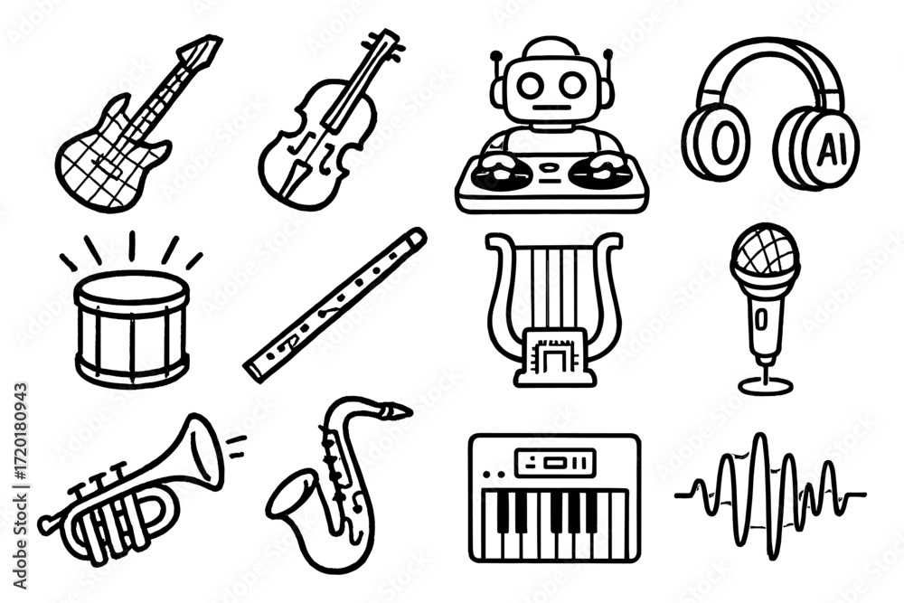 Obraz premium Musical instrument icons: modern linear style with ai dj and robot features
