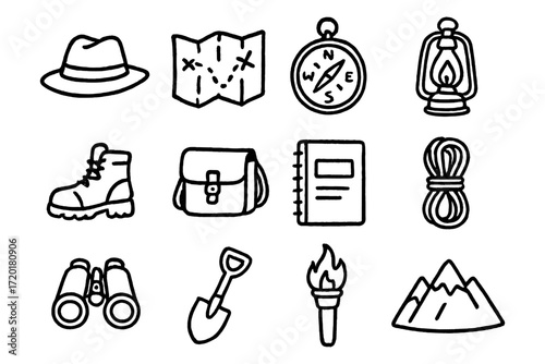 Hand-drawn camping icons: hat, map, compass, lantern, boots, backpack, notebook, rope, binoculars, shovel, torch, mountains