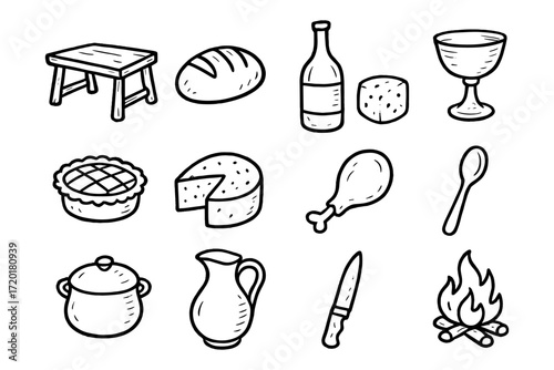 Medieval feast doodles: rustic food and drink essentials in hand drawn style