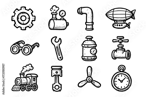 Hand drawn steampunk icons: gears, airships, and tools collection