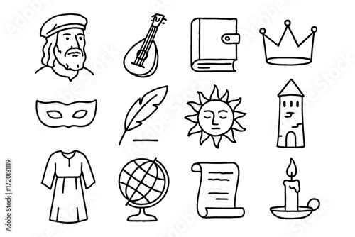 Renaissance symbols and icons in hand drawn black and white style