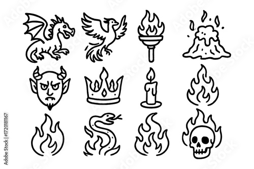 Mythical creatures and flaming icons in bold outline art style