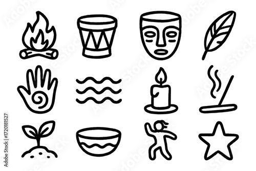 Hand drawn tribal icons set featuring cultural symbols and elements