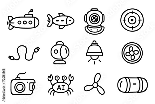 Underwater exploration icons: minimalist set featuring submarine, diver helmet, and marine life