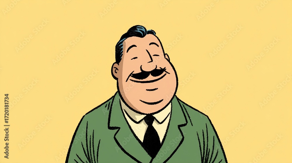 Fototapeta premium Content man in a green suit, smiling warmly against a yellow background