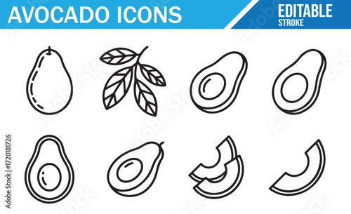 Fresh Avocado Icons for Nutrition and Food Industry Use