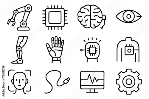 Innovative technology icons depicting ai, robotics, and digital interfaces in linear style