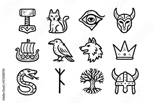 Hand-drawn norse symbols featuring mythical creatures and viking artifacts