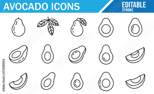 Collection of Avocado Icons for Healthy Food and Nutrition Design