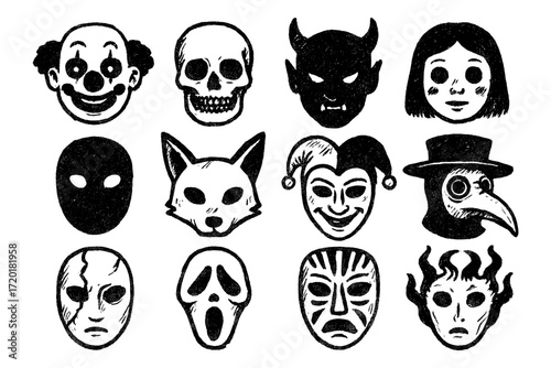 Creepy masks collection in vintage black and white style