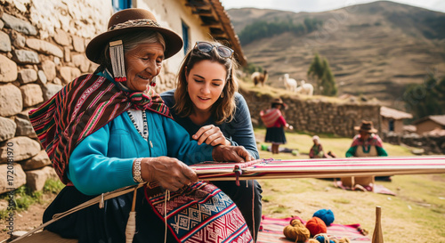 Local Andean woman teaching weaving to a young tourist, highlighting cultural heritage, tradition, and community exchange.