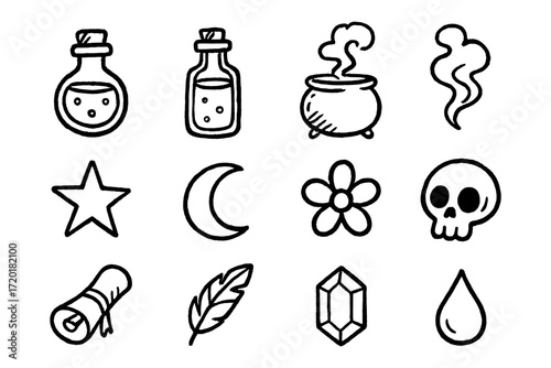 Hand drawn potion and magic icons set: bottles, cauldron, star, moon, skull