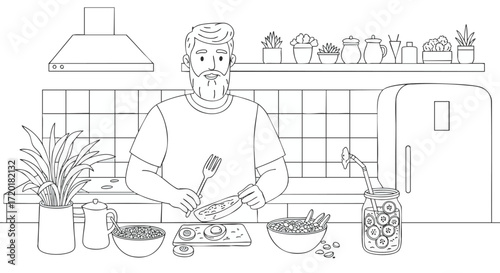 Line art illustration of a man in a kitchen preparing food, with plants and a refrigerator in the background