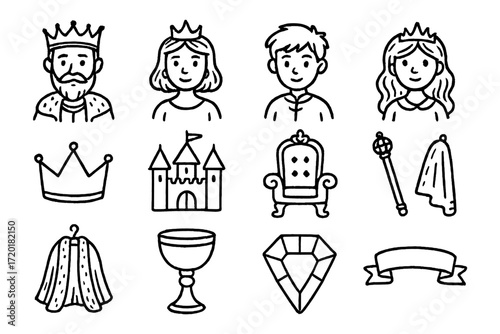 Hand drawn medieval royal icons set: kings, queens, and castles