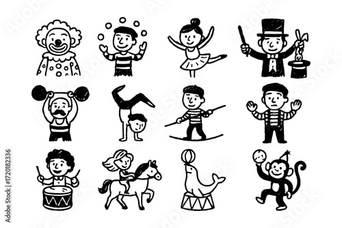 Whimsical circus characters in black and white doodle style
