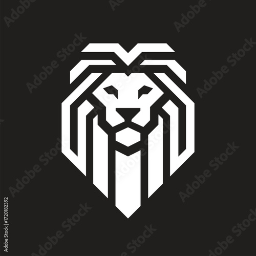 Lion head logo vector illustration. Monochrome black and white colors. Minimalist graphic design style. Created with artificial intelligence.