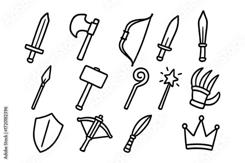 Medieval weapons and tools outline collection featuring swords, axes, bows, and more