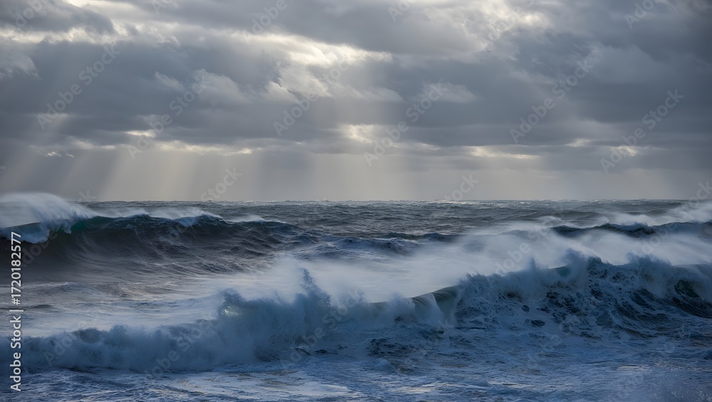 Obraz premium Stormy Ocean Waves Dramatic Sky Sun Rays Seascape