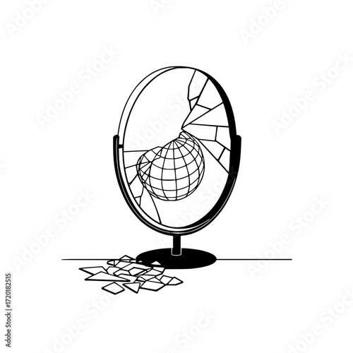 Broken mirror reflection of globe world map concept art for psychological themes and abstract design ideas