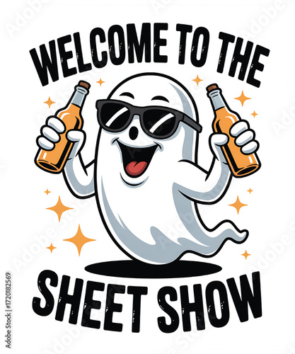 Funny ghost holding beer bottles