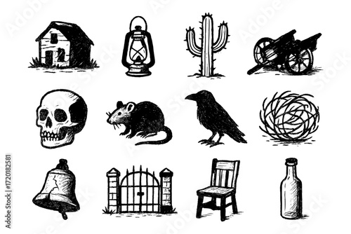 Vintage sketches of western icons: lanterns, cactus, and frontier relics