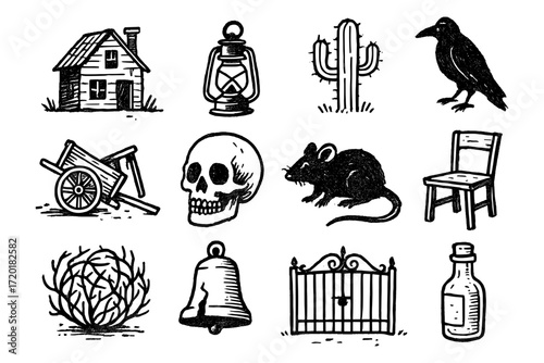 Vintage black and white rustic icons featuring skulls, animals, and western elements
