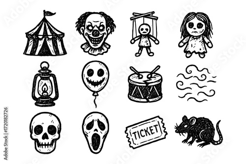 Creepy carnival icons set: hand drawn spooky halloween elements