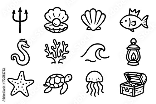 Hand-drawn ocean icons: marine life and nautical treasures