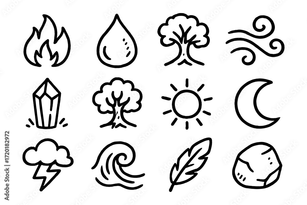Fototapeta premium Hand drawn nature elements: fire, water, earth, air, sun, and moon icons collection