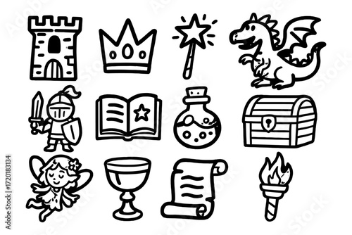 Whimsical medieval icons: knight, dragon, and magical elements in line art
