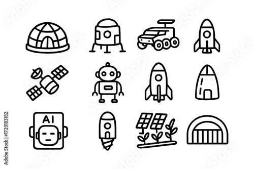 Space exploration icons collection: rockets, robots, and satellites in line art