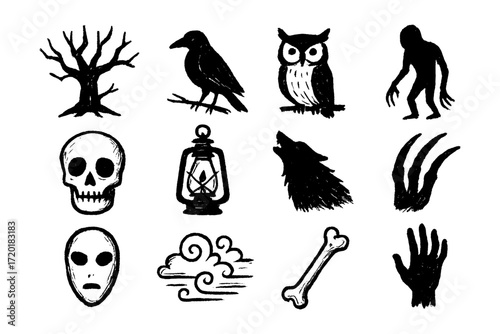Spooky halloween icons: creepy creatures and eerie symbols in hand-drawn style
