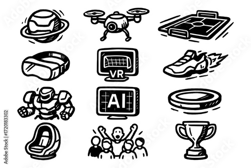 Hand drawn doodle style futuristic technology and gaming icons set