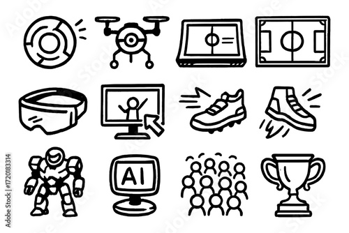 Sports technology icons: drones, vr, ai, robotics, and trophies in bold outline style