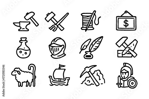 Medieval crafting icons set featuring tools, ship, and knight elements