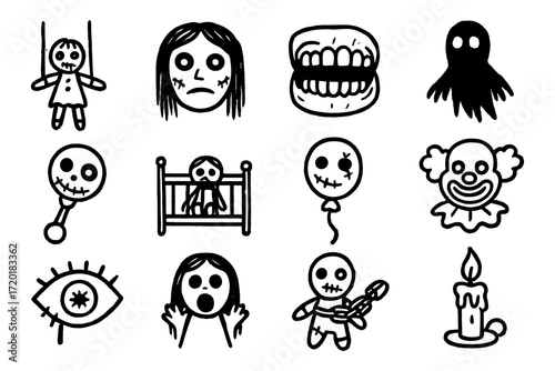Spooky doodle set with creepy faces and halloween icons for horror themes
