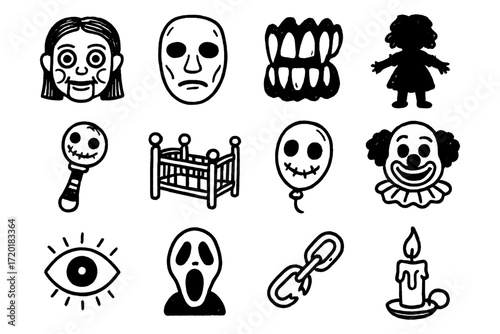 Creepy halloween icons collection in hand-drawn doodle style