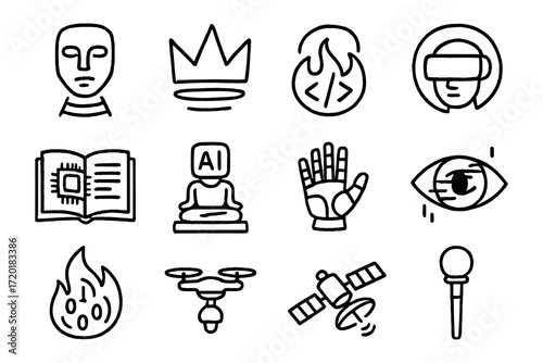 Futuristic technology icons set: ai, coding, virtual reality, and space exploration
